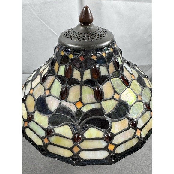 Tiffany Style Stained Iridescent‎ Art Glass Jeweled Shade Bronze Ceiling Fixture